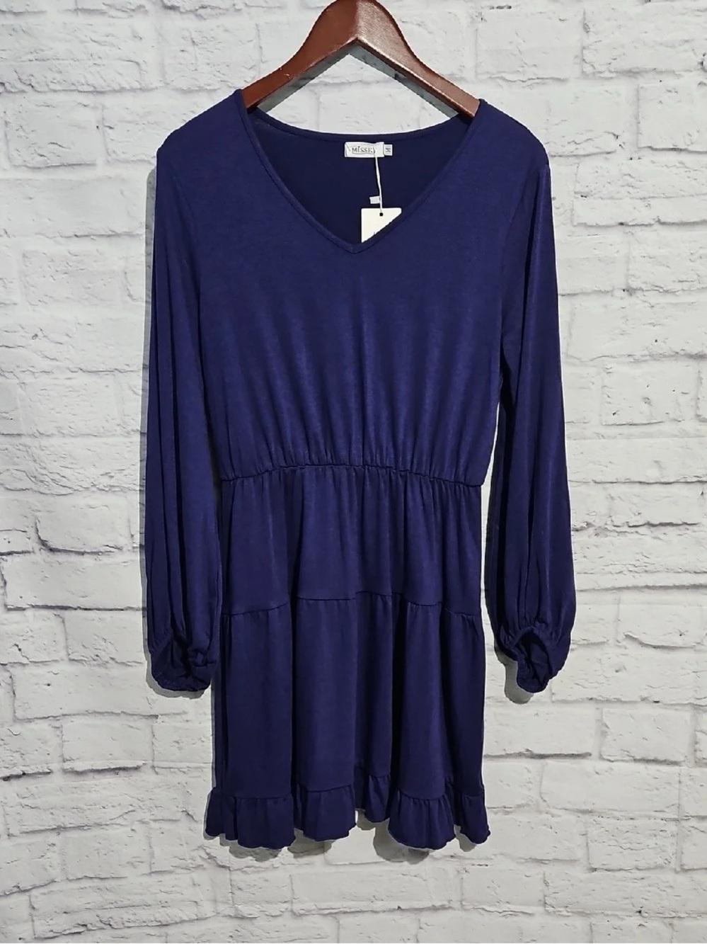Vigoss Deep Blue V-Neck Tiered Long Sleeve Dress